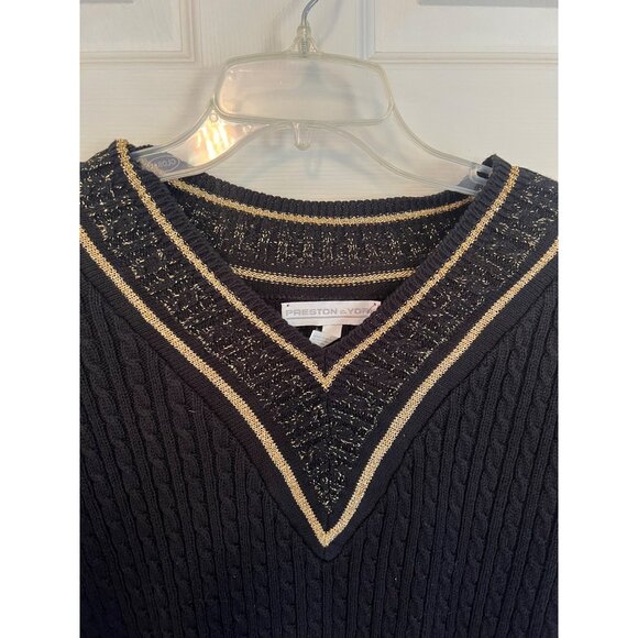 Vintage 90's Preston & York Black And Gold Long Sleeve Knit V-Neck Sweater Med - Picture 4 of 9